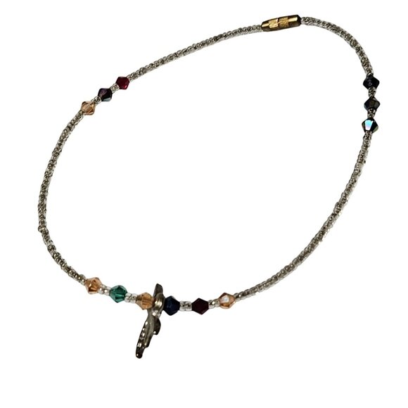 Vintage Handmade Beaded Choker Necklace Silver Tone Dragonfly Charm Jewelry - Picture 1 of 4